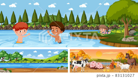Set of outdoor panoramic landscape with cartoon character 83131027
