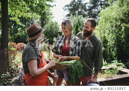 Happy farmers carrying basket with homegrown vegetables outdoors at community farm. 83131937