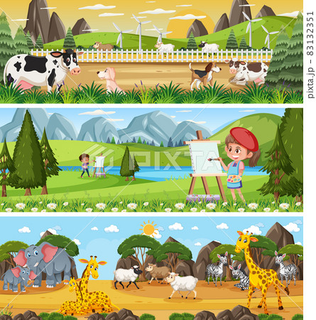 Set of different panoramic nature landscape with cartoon character Set of different panoramic nature landscape with cartoon character 83132351