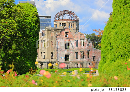 【広島県】晴天下の原爆ドームとバラ 83133023