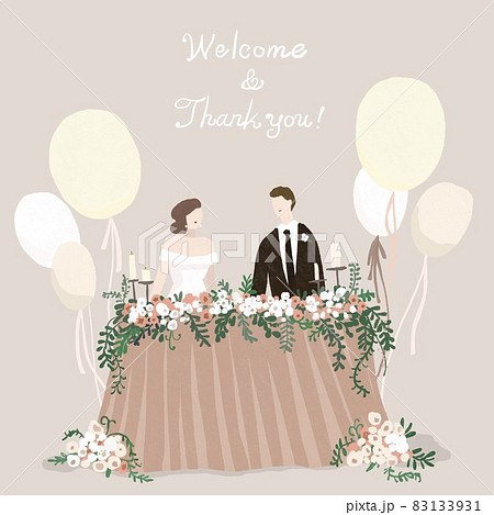 高砂席に座る新郎新婦 ウエディング Wedding 結婚 ブライダル バルーン Cのイラスト素材