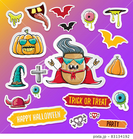 Vector halloween sticker icons set with dracula, witch hat, scary pumpkin, bat , skull, happy halloween text, demon and zombie eyes, wooden cemetry cross, monsters isolated on violet background. Vector halloween sticker icons set with dracula, witch hat, scary pumpkin, bat , skull, happy halloween text, demon and zombie eyes, wooden cemetry cross, monsters isolated on violet background. 83134192