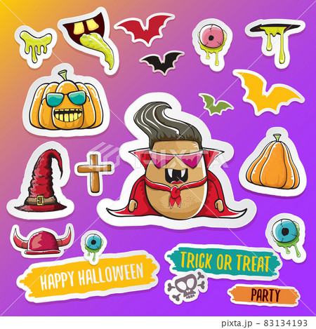 Vector halloween sticker icons set with dracula, witch hat, scary pumpkin, bat , skull, happy halloween text, demon and zombie eyes, wooden cemetry cross, monsters isolated on violet background. Vector halloween sticker icons set with dracula, witch hat, scary pumpkin, bat , skull, happy halloween text, demon and zombie eyes, wooden cemetry cross, monsters isolated on violet background. 83134193