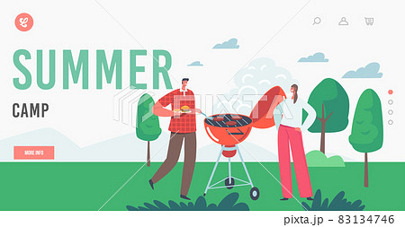 Summer Camp Fun Landing Page Template. Male and Female Characters Spend Time on Outdoor Bbq Party, Camping Relax 83134746
