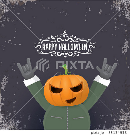 vector Happy Halloween creative hipster party background. man in Halloween costume with carved pumpkin head on grey background. Happy Halloween rock concert poster design 83134958