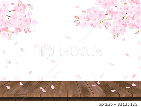 華やかな桜の花とウッドデッキの春の白バックベクター背景素材 83135125