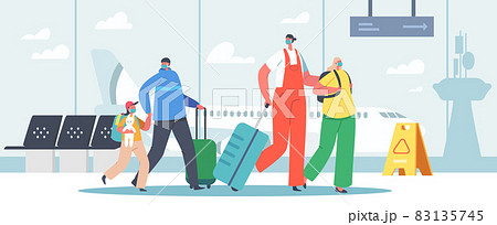 Mother and Father Travelling with Daughters, Family with Bags Walk to Airplane. Happy Parents and Children in Airport 83135745