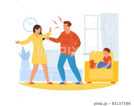 Parents arguing. Mom and dad quarrel. Unfortunate depressed child sitting in chair. Couple fighting. Family problem. Crying boy and conflicting adults. Relationship crisis. Vector concept Parents arguing. Mom and dad quarrel. Unfortunate depressed child sitting in chair. Couple fighting. Family problem. Crying boy and conflicting adults. Relationship crisis. Vector concept 83137386