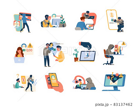 Cyber hackers people. Privacy violation. Network criminality. Data theft. Password hacking. Cybercrime and viruses. Banking fraud. Thief steals information. Vector software crackers set 83137462