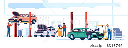 Car repair shop. Automotive workshop. Mechanics fix automobiles. Technical maintenance service. Auto technicians lifting vehicle for diagnostic or parts replacement. Vector concept 83137464