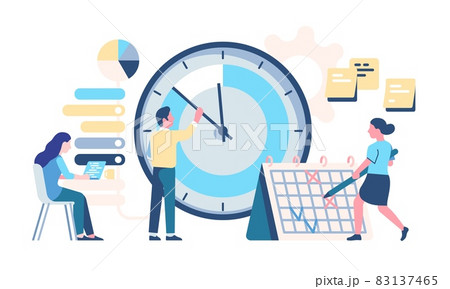 Timetable managing. Effective organization. Planning work productivity. Office employees make schedule and tasks plan. Large round dial and calendar. Time management. Vector concept 83137465