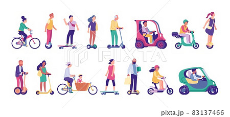 People riding ecological transport. Mobile electric city movement. Persons driving cycles and scooters. Urban dwellers transportation. Eco lifestyle. Alternative vehicle. Vector riders set 83137466