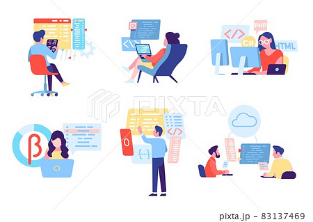 People programming software. Cartoon developers work with websites or apps. Coding process. Professional IT engineers. Computer technology job. Web development. Vector programmers set 83137469