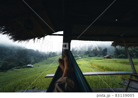 In a wooden hut in a green rice field 83139005