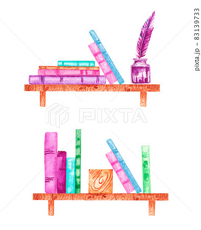 Watercolor set with shelves of books on a white background 03 83139733
