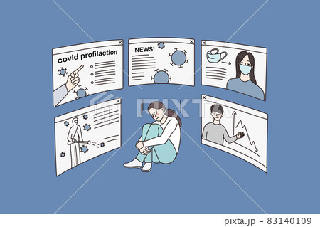 Stressed woman distressed with covid-19 information Stressed woman distressed with covid-19 information 83140109