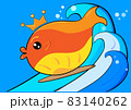happy smiling cute goldfish enjoy playing surfboard on blue waves in ocean. vector illustration 83140262