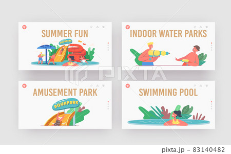 Summer Fun Landing Page Template Set. Kids Characters in Aquapark, Amusement Park with Water Attractions Summer Fun Landing Page Template Set. Kids Characters in Aquapark, Amusement Park with Water Attractions 83140482