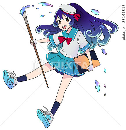 スケッチブックと大きな絵筆を持ったマリン風スタイルの女の子 スケッチブックと大きな絵筆を持ったマリン風スタイルの女の子 83141318