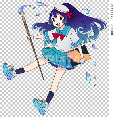 スケッチブックと大きな絵筆を持ったマリン風スタイルの女の子 スケッチブックと大きな絵筆を持ったマリン風スタイルの女の子 83141318