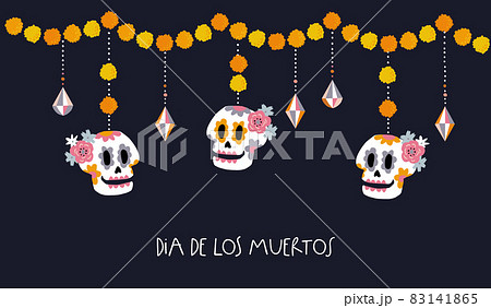 Dia de Los Muertos greeting card, invitation. Mexican Day of the Dead. Hanging ornamental skulls decoration Floral garland of orange marigold, tagetes flowers. Vector illustration, background. Dia de Los Muertos greeting card, invitation. Mexican Day of the Dead. Hanging ornamental skulls decoration Floral garland of orange marigold, tagetes flowers. Vector illustration, background. 83141865