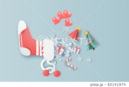 Top view of Christmas red sock decoration with white snowflakes. Graphic design for Christmas and winter. 83141974