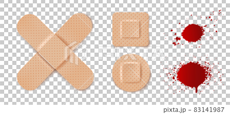 Vector set illustrations of band aids and blood drops. 83141987