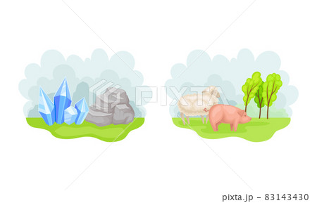 Gem and rock stone. Farm animals on green meadow vector illustration Gem and rock stone. Farm animals on green meadow vector illustration 83143430