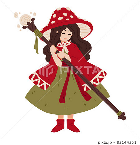 Mushroom witch, with a magic staff, a cape and a fly agaric hat. The enchantress grows boletus. Halloween drawing for poster, cards and more. Vector illustration isolated on white background. 83144351