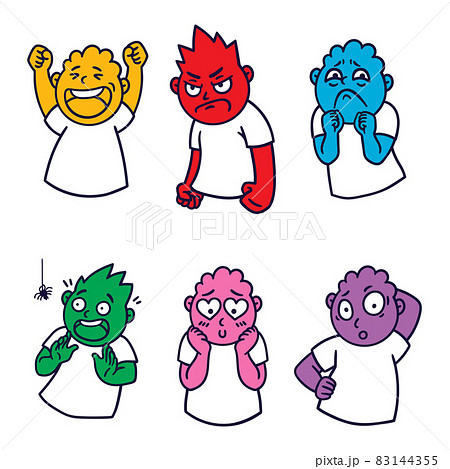 Round abstract face with different emotions. Happy, angry, questioning, scared, sorrow, falling in love emoji avatar. Cartoon style. Flat design vector illustration. Round abstract face with different emotions. Happy, angry, questioning, scared, sorrow, falling in love emoji avatar. Cartoon style. Flat design vector illustration. 83144355