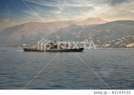 NATO military Greek frigate off the coast of Corfu. 83144530