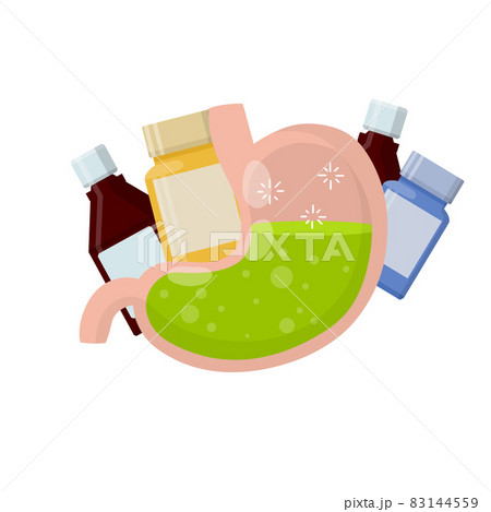 Stomach and pill. Dissolving drug. Disease of human internal organ. Stomach and pill. Dissolving drug. Disease of human internal organ. 83144559