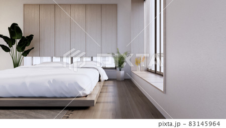 Bedroom japanese minimal style.,Modern white wall and wooden floor, room minimalist. 3D rendering Bedroom japanese minimal style.,Modern white wall and wooden floor, room minimalist. 3D rendering 83145964