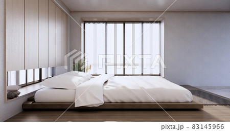 Bedroom japanese minimal style.,Modern white wall and wooden floor, room minimalist. 3D rendering Bedroom japanese minimal style.,Modern white wall and wooden floor, room minimalist. 3D rendering 83145966