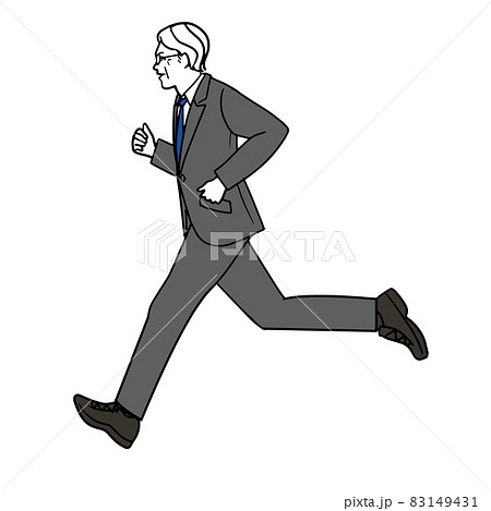 スーツで走るアジア人シニア男性の全身の線画の漫画風イラストのイラスト素材