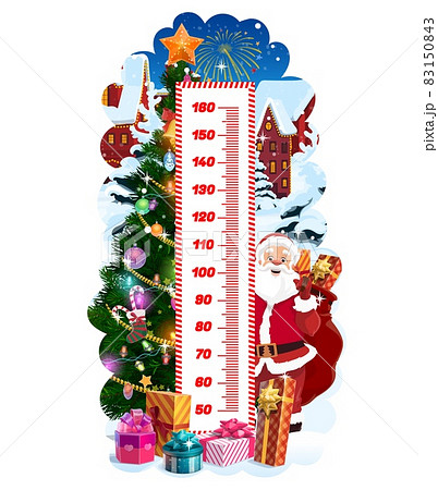 Kids height chart with Christmas tree and Santa, vector growth meter. Children height measure wall sticker or stadiometer with cartoon Santa, Xmas gift bag and present boxes, stars and snowflakes 83150843