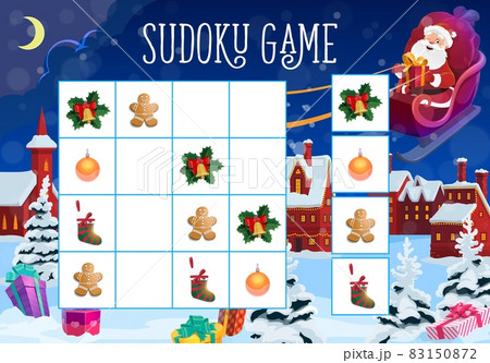 Children Christmas sudoku game with holiday decorations. Child game activity, logical maze for kids with holly leaves and bell, gingerbread man and Christmas tree bauble, Santa flying on sleigh vector 83150872