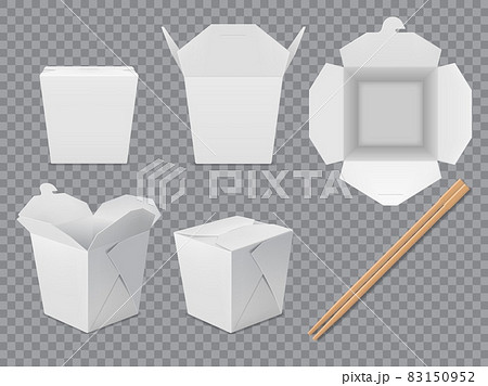 Asian noodle box package mockup. Isolated paper chinese takeaway food box set. White wok packaging with sticks. Vector 3d takeaway food packs and bamboo chopsticks, closed and open realistic boxes 83150952