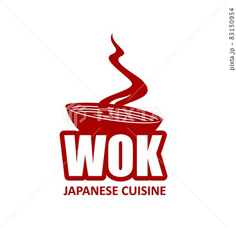 Wok pan icon, Chinese and Japanese cuisine steaming noodles, vector asian restaurant sign. Chinese or Japanese ramen or udon noodles in wok bowl for menu cover of asian food dishes and meals 83150954