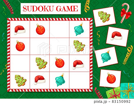 Child sudoku maze with Christmas decorations. Children puzzle game, kids educational activity with logical task. Santas hat, Christmas tree ornaments bauble and gingerbread cookie cartoon vector 83150992