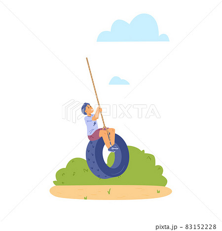 Child swinging on tire swing in playground, flat vector illustration isolated. 83152228