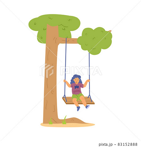 Cute girl sitting on swing in flat vector illustration isolated on white 83152888