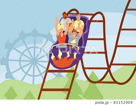Excited people ride down on roller coaster in amusement park flat vector illustration. Excited people ride down on roller coaster in amusement park flat vector illustration. 83152909