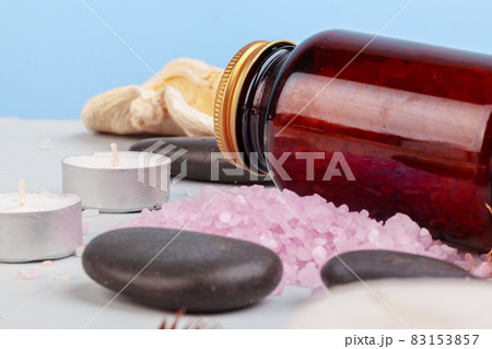 Beautiful composition with cosmetic bottles and spa decorations 83153857