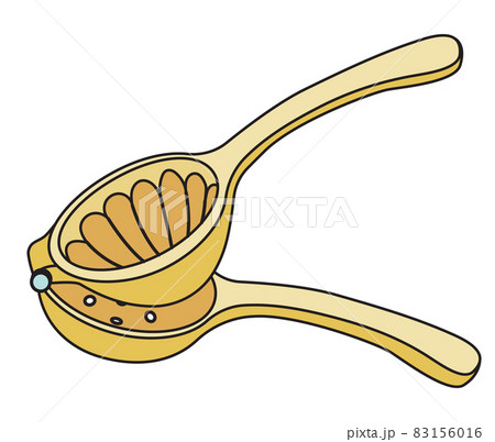 Yellow citrus fruit squeezer juicer bar accessory. Hand-drawn doodle cartoon style vector image. For bartender website design, cocktail making process illustration, alcohol cookbook decoration etc 83156016