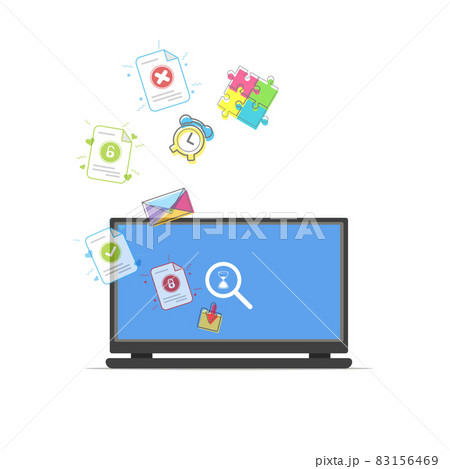 Vector illustration concept of modernization education, work, and information. Laptop with many colorful icon, clock, puzzle piece, folder, document, and mail. 83156469