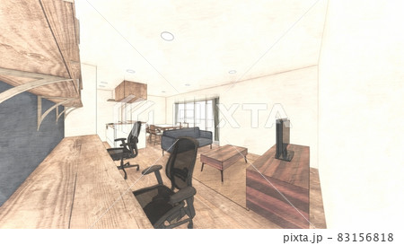 リビング内観パース テレワークデスク有り PC無し リビング内観パース テレワークデスク有り PC無し 83156818