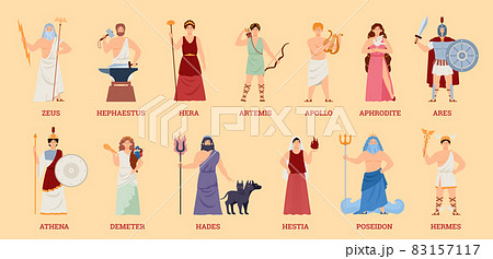 Olympian greek gods and goddesses cartoon characters set, flat vector illustration isolated on background. Greek antique mythology gods personages collection. 83157117
