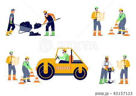 Set of road construction workers with road roller in flat vector illustration 83157123