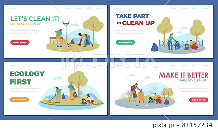 Set of vector web banners with people clean up trash at city streets or parks. Set of vector web banners with people clean up trash at city streets or parks. 83157234
